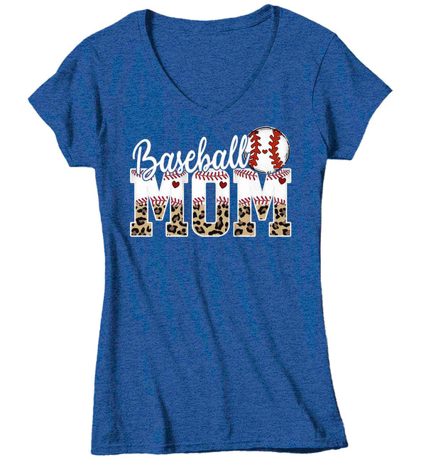 Women's V-Neck Funny Baseball Mom T Shirt Leopard Print Mom Shirt Baseball Shirt Mother's Day Ball Shirt Baseball Quote Ladies Mom Tee-Shirts By Sarah