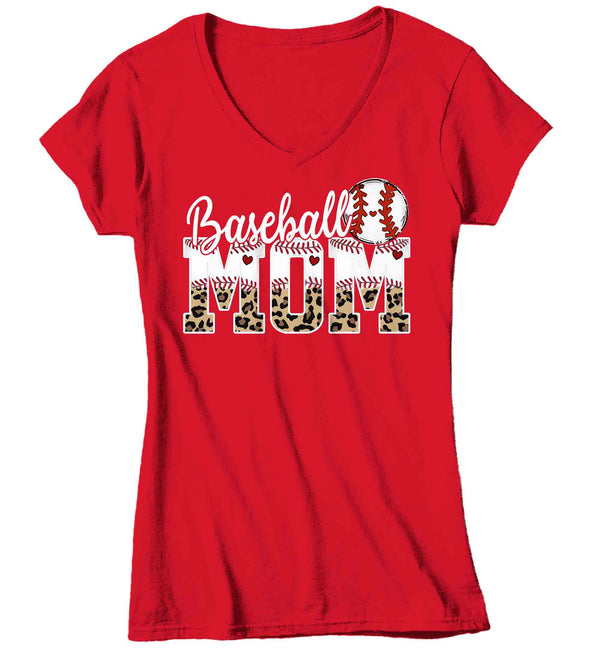 Women's V-Neck Funny Baseball Mom T Shirt Leopard Print Mom Shirt Baseball Shirt Mother's Day Ball Shirt Baseball Quote Ladies Mom Tee-Shirts By Sarah