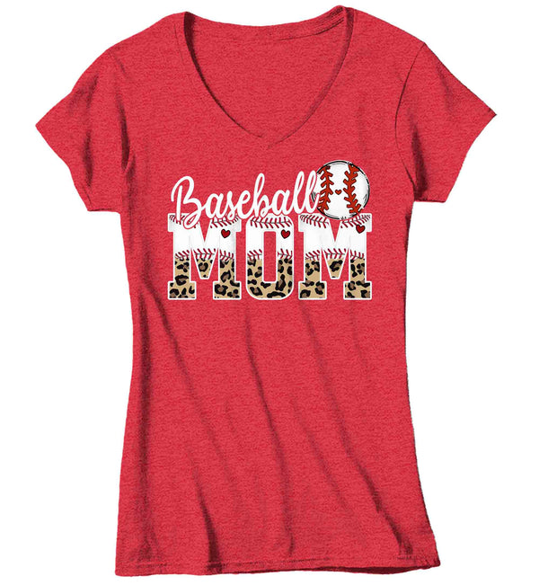 Women's V-Neck Funny Baseball Mom T Shirt Leopard Print Mom Shirt Baseball Shirt Mother's Day Ball Shirt Baseball Quote Ladies Mom Tee-Shirts By Sarah