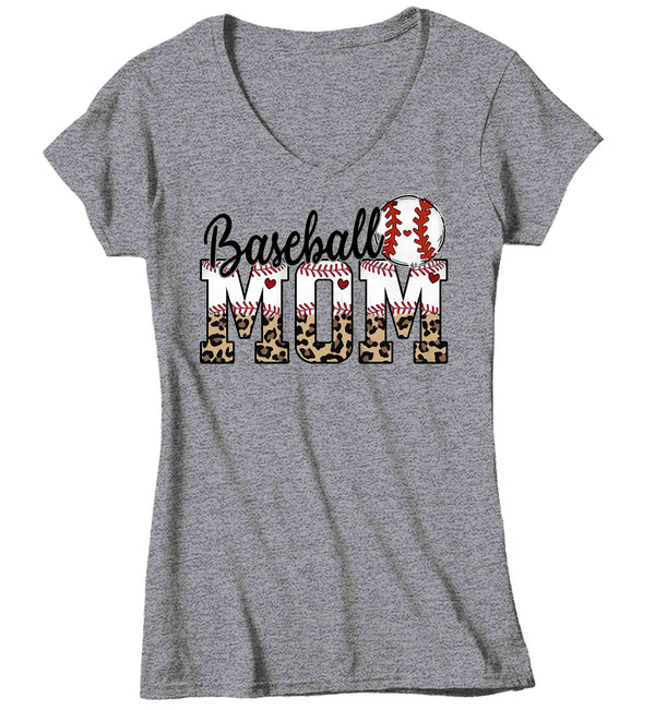 Women's V-Neck Funny Baseball Mom T Shirt Leopard Print Mom Shirt Baseball Shirt Mother's Day Ball Shirt Baseball Quote Ladies Mom Tee-Shirts By Sarah