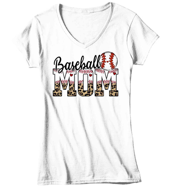 Women's V-Neck Funny Baseball Mom T Shirt Leopard Print Mom Shirt Baseball Shirt Mother's Day Ball Shirt Baseball Quote Ladies Mom Tee-Shirts By Sarah