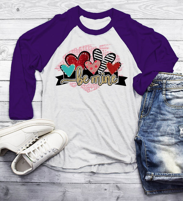 Men's Valentine's Shirt Be Mine T Shirt Valentine Shirts Hearts T-Shirt Heart Tee 3/4 Sleeve Raglan-Shirts By Sarah