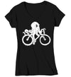 Women's V-Neck Bicycle Octopus Shirt Illustration Hipster Streetwear Octopus Drawing Graphic Tee Cool Sea Ocean Life T Shirt Ladies