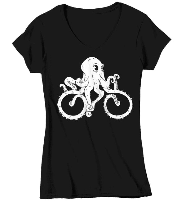 Women's V-Neck Bicycle Octopus Shirt Illustration Hipster Streetwear Octopus Drawing Graphic Tee Cool Sea Ocean Life T Shirt Ladies-Shirts By Sarah