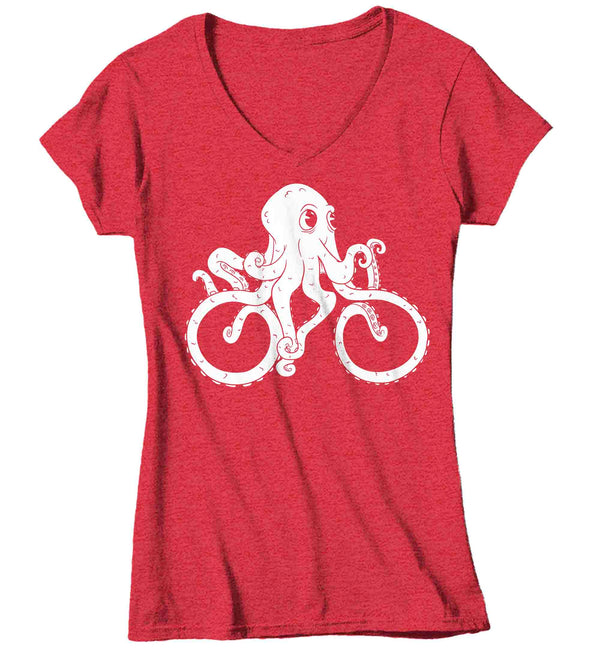 Women's V-Neck Bicycle Octopus Shirt Illustration Hipster Streetwear Octopus Drawing Graphic Tee Cool Sea Ocean Life T Shirt Ladies-Shirts By Sarah