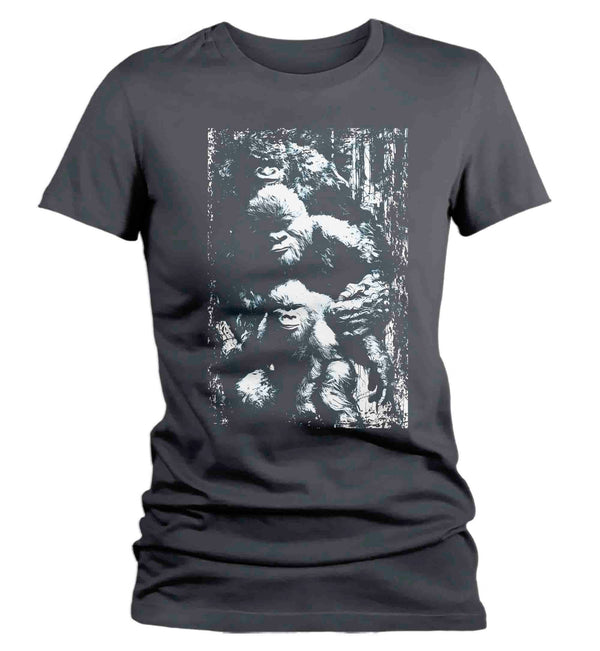 Women's Cool Bigfoot T-Shirt Forest Sasquatch Family Portrait Illustration Drawing Gift Cryptozoology Tee Grunge Hide Seek Hipster Ladies-Shirts By Sarah