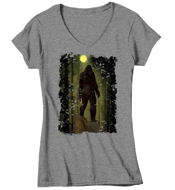 Women's V-Neck Bigfoot T-Shirt Illustration Sasquatch Family Woods Forest Mythical Drawing Gift Cryptozoology Tee Grunge Hipster Ladies-Shirts By Sarah