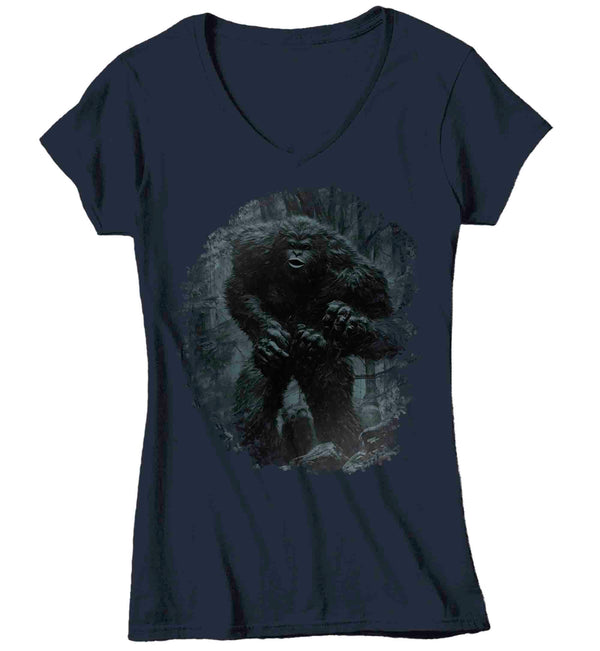 Women's V-Neck Bigfoot T-Shirt Sasquatch In Woods Forest Elusive Squatch Mythical Drawing Gift Cryptozoology Tee Grunge Hipster Tee Shirt Ladies-Shirts By Sarah
