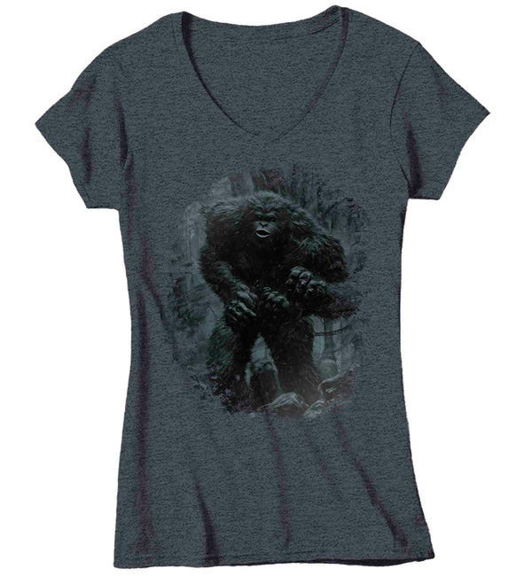 Women's V-Neck Bigfoot T-Shirt Sasquatch In Woods Forest Elusive Squatch Mythical Drawing Gift Cryptozoology Tee Grunge Hipster Tee Shirt Ladies-Shirts By Sarah
