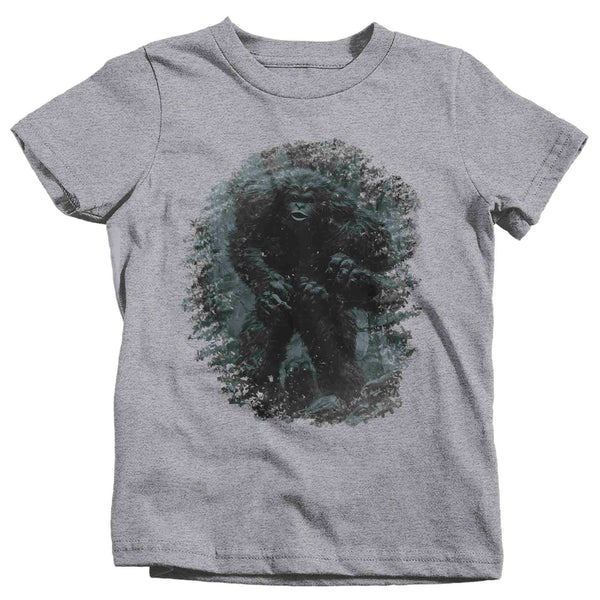 Kids Bigfoot T-Shirt Sasquatch In Woods Forest Elusive Squatch Mythical Drawing Gift Cryptozoology Tee Grunge Hipster Unisex Youth-Shirts By Sarah