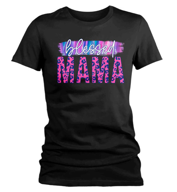 Women's Blessed Mama Shirt Mother's Day Gift Shirt For Mom Floral Pink Leopard Tee Gift For Momma Tee Ladies V-Neck-Shirts By Sarah