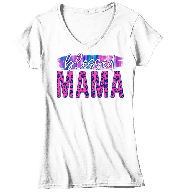 Women's V-Neck Blessed Mama Shirt Mother's Day Gift Shirt For Mom Floral Pink Leopard Tee Gift For Momma Tee Ladies V-Neck-Shirts By Sarah