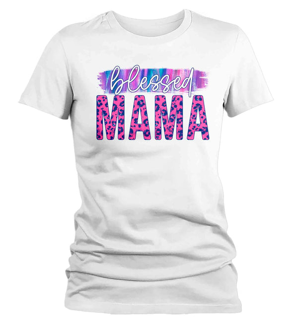 Women's Blessed Mama Shirt Mother's Day Gift Shirt For Mom Floral Pink Leopard Tee Gift For Momma Tee Ladies V-Neck-Shirts By Sarah