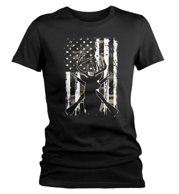 Women's Deer Hunting T Shirt Buck Shirt Hunter Shirt Camo Flag T Shirt Camouflage U.S. Flag Shirt Woodsman Shirt Ladies Woman-Shirts By Sarah