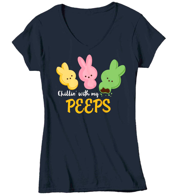 Women's V-Neck Easter Shirt Chillin' With My Peeps T Shirt Bunny TShirt Cute Gift Easter Teacher Easter Tee Woman Ladies-Shirts By Sarah