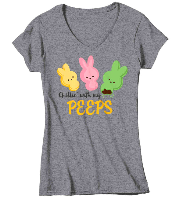 Women's V-Neck Easter Shirt Chillin' With My Peeps T Shirt Bunny TShirt Cute Gift Easter Teacher Easter Tee Woman Ladies-Shirts By Sarah