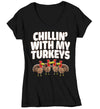 Women's V-Neck Funny Thanksgiving Tee Chillin With My Turkeys Shirts Turkey Flock Day TShirt Holiday T Shirt Ladies Soft Graphic Teacher Shirt