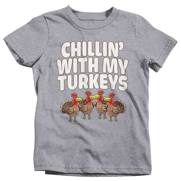 Kids Funny Thanksgiving Tee Chillin With My Turkeys Shirts Turkey Flock Day TShirt Holiday T Shirt Unisex Soft Graphic Youth Shirt-Shirts By Sarah