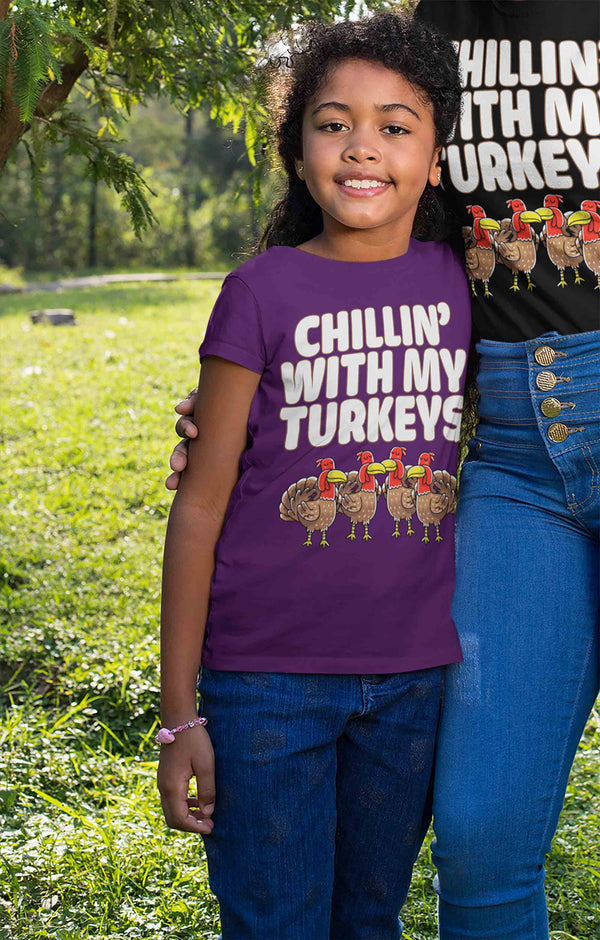 Kids Funny Thanksgiving Tee Chillin With My Turkeys Shirts Turkey Flock Day TShirt Holiday T Shirt Unisex Soft Graphic Youth Shirt-Shirts By Sarah