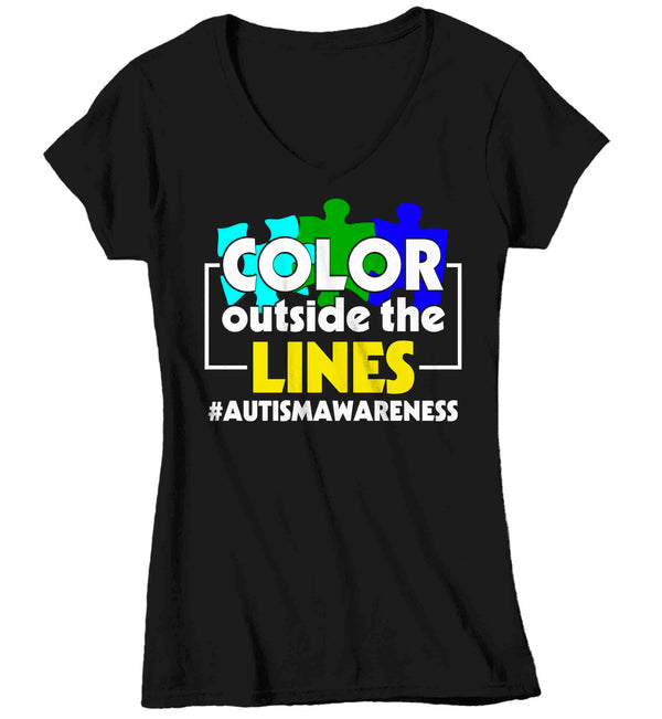 Women's V-Neck Autism T Shirt Color Outside The Lines Shirt Colorful Tee Autism Awareness Neurodivergent Autistic Gift Shirt Ladies Woman TShirt-Shirts By Sarah