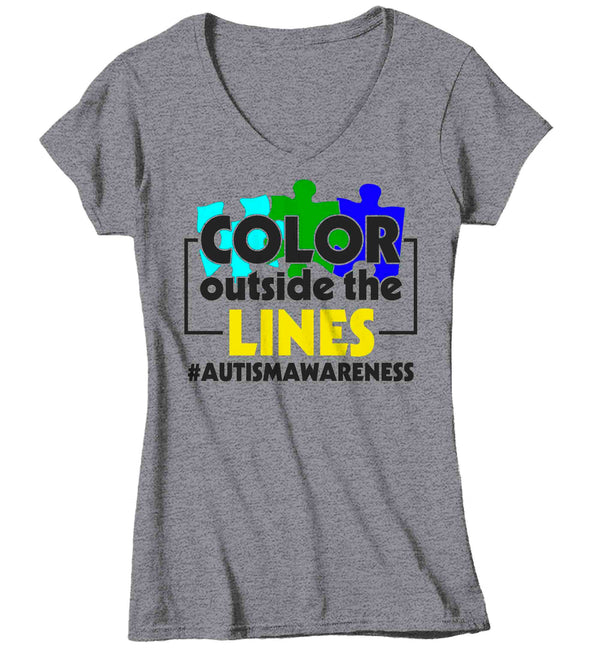 Women's V-Neck Autism T Shirt Color Outside The Lines Shirt Colorful Tee Autism Awareness Neurodivergent Autistic Gift Shirt Ladies Woman TShirt-Shirts By Sarah