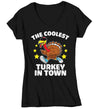 Women's V-Neck Funny Thanksgiving Tee Coolest Turkey In Town Shirt Humor Tom Turkey Hilarious Holiday T Shirt Ladies Soft Graphic TShirt