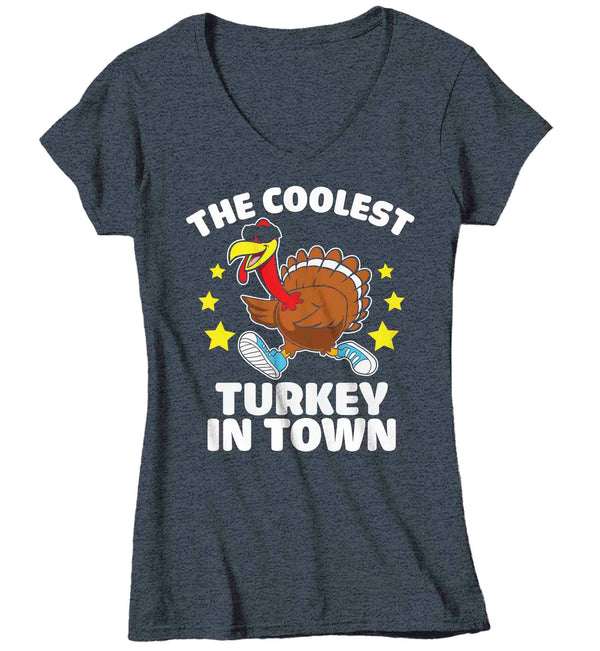 Women's V-Neck Funny Thanksgiving Tee Coolest Turkey In Town Shirt Humor Tom Turkey Hilarious Holiday T Shirt Ladies Soft Graphic TShirt-Shirts By Sarah