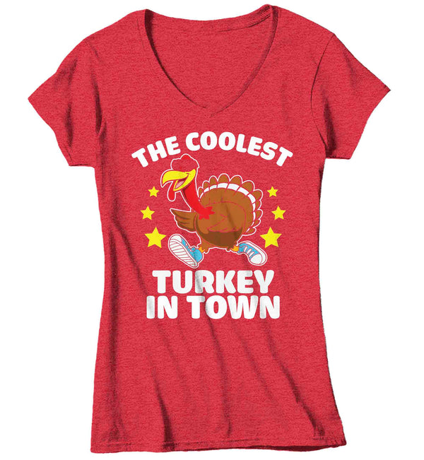 Women's V-Neck Funny Thanksgiving Tee Coolest Turkey In Town Shirt Humor Tom Turkey Hilarious Holiday T Shirt Ladies Soft Graphic TShirt-Shirts By Sarah