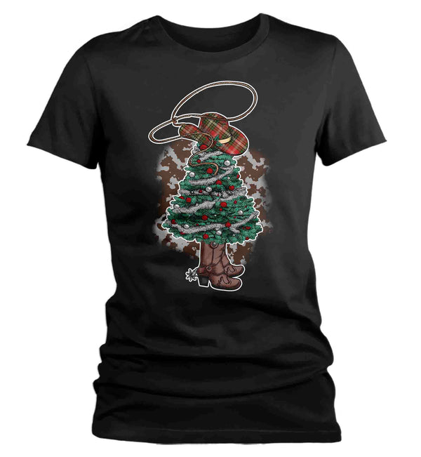 Women's Christmas Tree Shirt Cowboy XMas Lights Boots T Shirt Cute Tee Western Santa Hat Country Holiday Funny Graphic Tshirt Ladies-Shirts By Sarah
