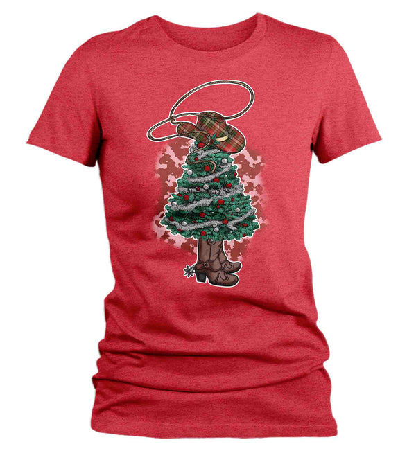 Women's Christmas Tree Shirt Cowboy XMas Lights Boots T Shirt Cute Tee Western Santa Hat Country Holiday Funny Graphic Tshirt Ladies-Shirts By Sarah
