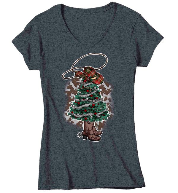 Women's V-Neck Christmas Tree Shirt Cowboy XMas Lights Boots T Shirt Cute Tee Western Santa Hat Country Holiday Funny Graphic Tshirt Ladies-Shirts By Sarah