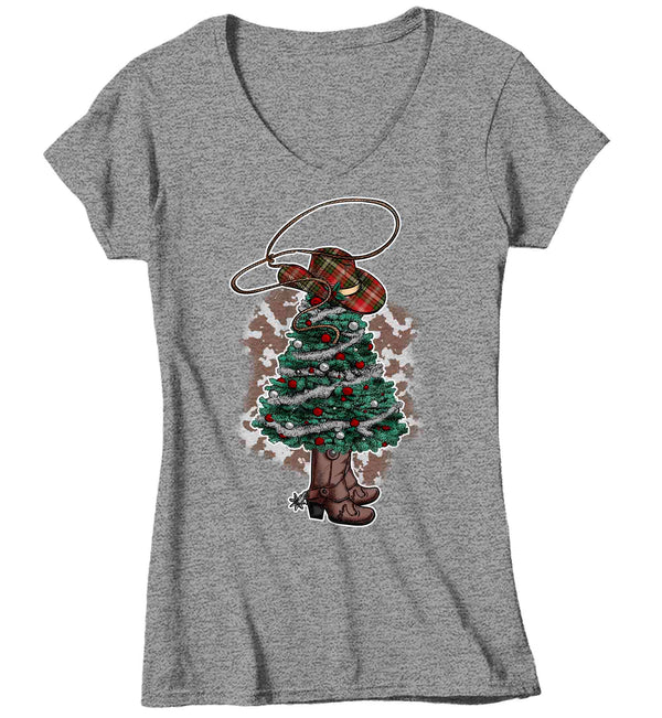 Women's V-Neck Christmas Tree Shirt Cowboy XMas Lights Boots T Shirt Cute Tee Western Santa Hat Country Holiday Funny Graphic Tshirt Ladies-Shirts By Sarah