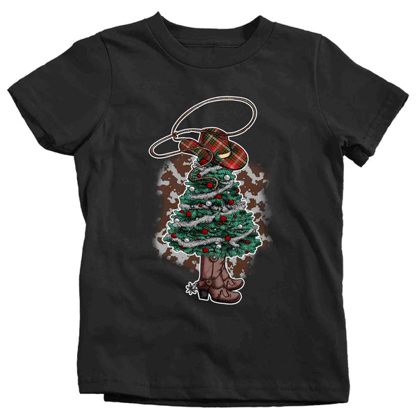 Kids Christmas Tree Shirt Cowboy XMas Lights Boots T Shirt Cute Tee Western Santa Hat Country Holiday Funny Graphic Tshirt Unisex Youth-Shirts By Sarah