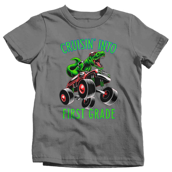 Kids First Grade Shirt T-Rex T Shirt Cruisin' Into 1st Grade Grade 1 Back To School Monster Truck Dinosaur Tee Boy's Tyrannosaurus-Shirts By Sarah
