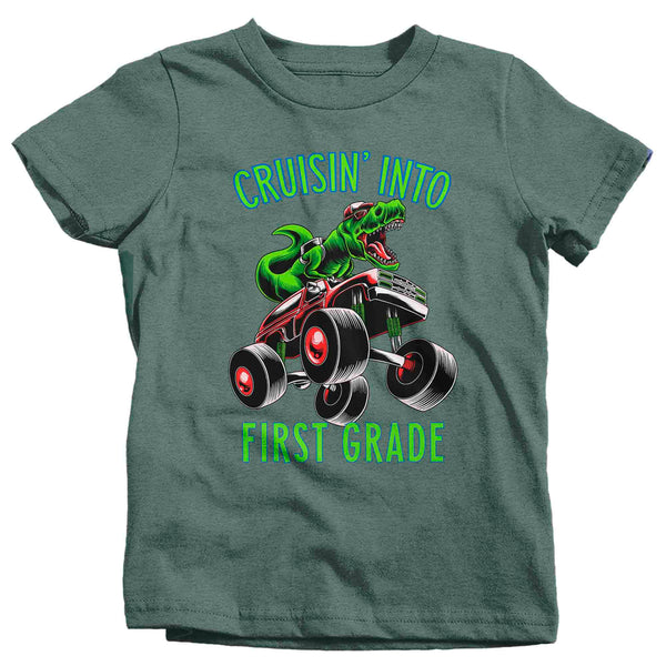 Kids First Grade Shirt T-Rex T Shirt Cruisin' Into 1st Grade Grade 1 Back To School Monster Truck Dinosaur Tee Boy's Tyrannosaurus-Shirts By Sarah