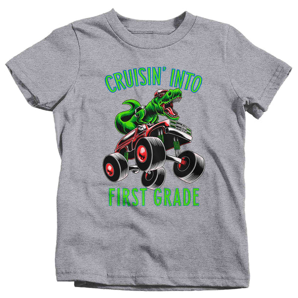 Kids First Grade Shirt T-Rex T Shirt Cruisin' Into 1st Grade Grade 1 Back To School Monster Truck Dinosaur Tee Boy's Tyrannosaurus-Shirts By Sarah