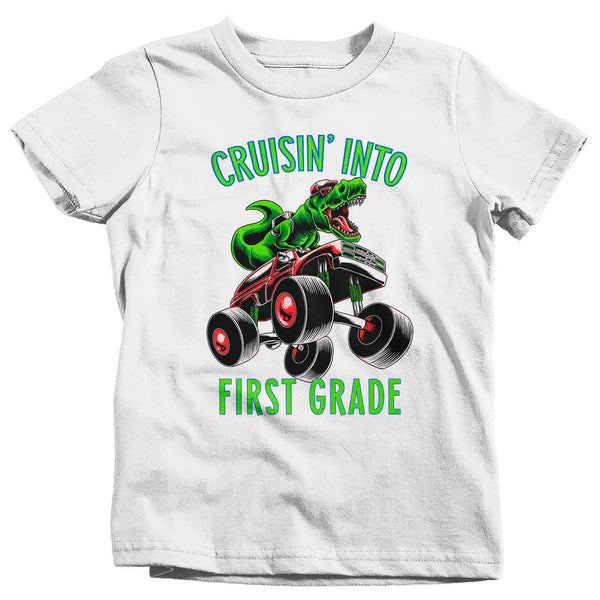 Kids First Grade Shirt T-Rex T Shirt Cruisin' Into 1st Grade Grade 1 Back To School Monster Truck Dinosaur Tee Boy's Tyrannosaurus-Shirts By Sarah