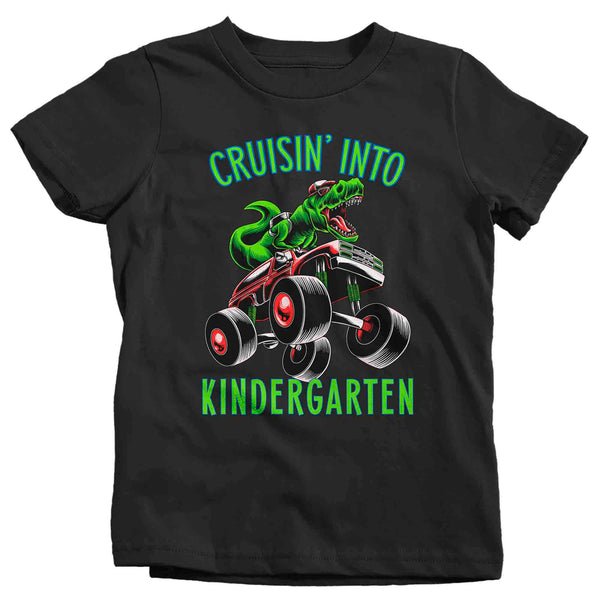 Kids Kindergarten Shirt T-Rex T Shirt Cruisin' Into Kindergarten Grade K Back To School Monster Truck Dinosaur Tee Boy's Tyrannosaurus-Shirts By Sarah