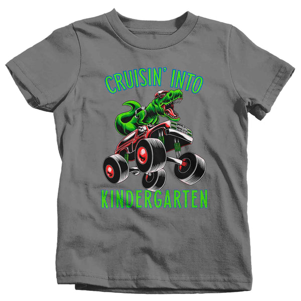 Kids Kindergarten Shirt T-Rex T Shirt Cruisin' Into Kindergarten Grade K Back To School Monster Truck Dinosaur Tee Boy's Tyrannosaurus-Shirts By Sarah