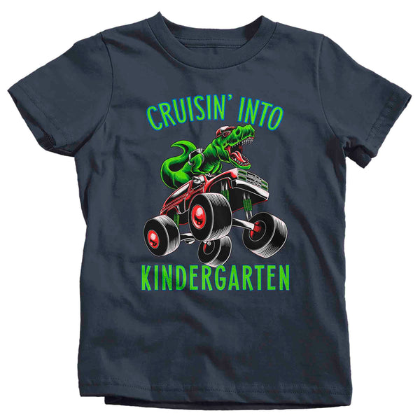 Kids Kindergarten Shirt T-Rex T Shirt Cruisin' Into Kindergarten Grade K Back To School Monster Truck Dinosaur Tee Boy's Tyrannosaurus-Shirts By Sarah