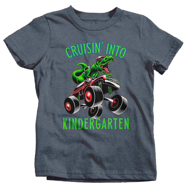 Kids Kindergarten Shirt T-Rex T Shirt Cruisin' Into Kindergarten Grade K Back To School Monster Truck Dinosaur Tee Boy's Tyrannosaurus-Shirts By Sarah