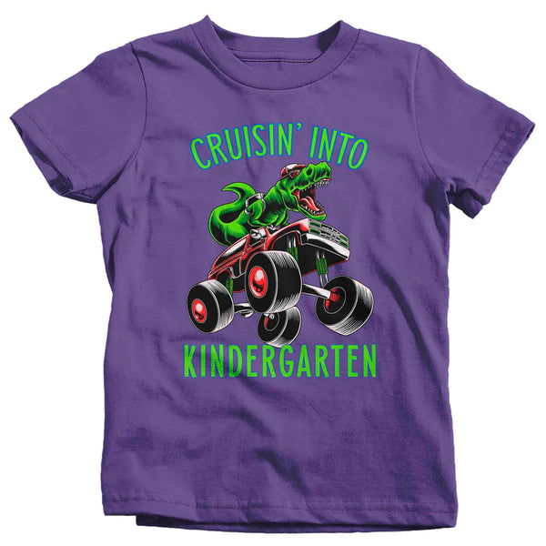 Kids Kindergarten Shirt T-Rex T Shirt Cruisin' Into Kindergarten Grade K Back To School Monster Truck Dinosaur Tee Boy's Tyrannosaurus-Shirts By Sarah