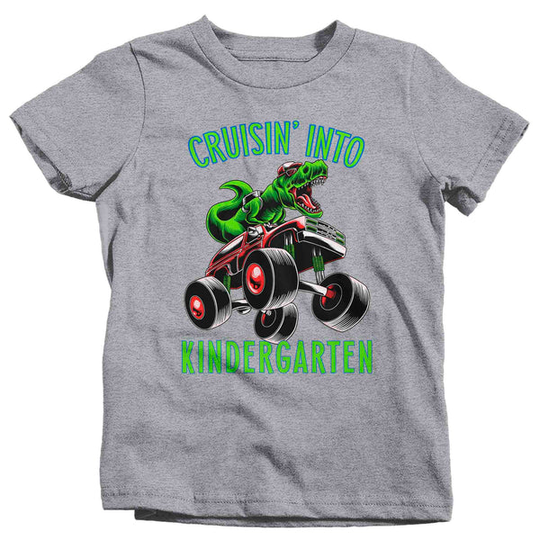 Kids Kindergarten Shirt T-Rex T Shirt Cruisin' Into Kindergarten Grade K Back To School Monster Truck Dinosaur Tee Boy's Tyrannosaurus-Shirts By Sarah