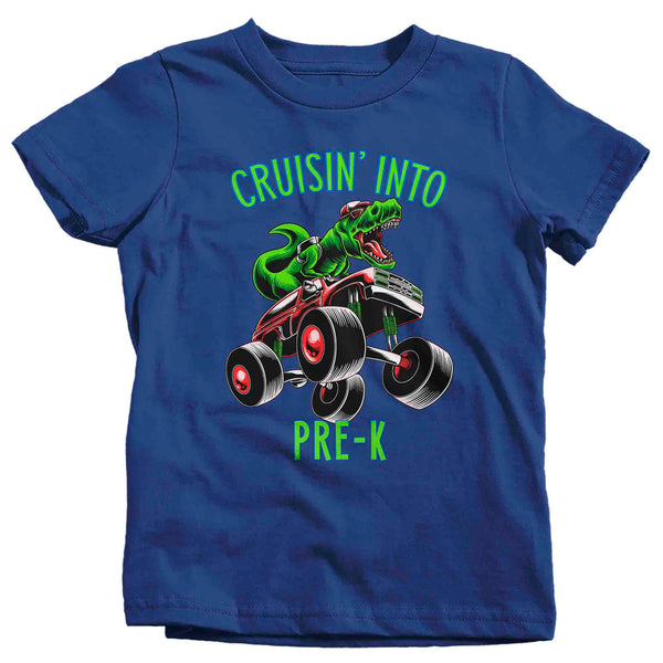 Kids Pre-K Shirt T-Rex T Shirt Cruisin' Into PreK Grade Pre Kindergarten Back To School Monster Truck Dinosaur Tee Boy's Tyrannosaurus-Shirts By Sarah