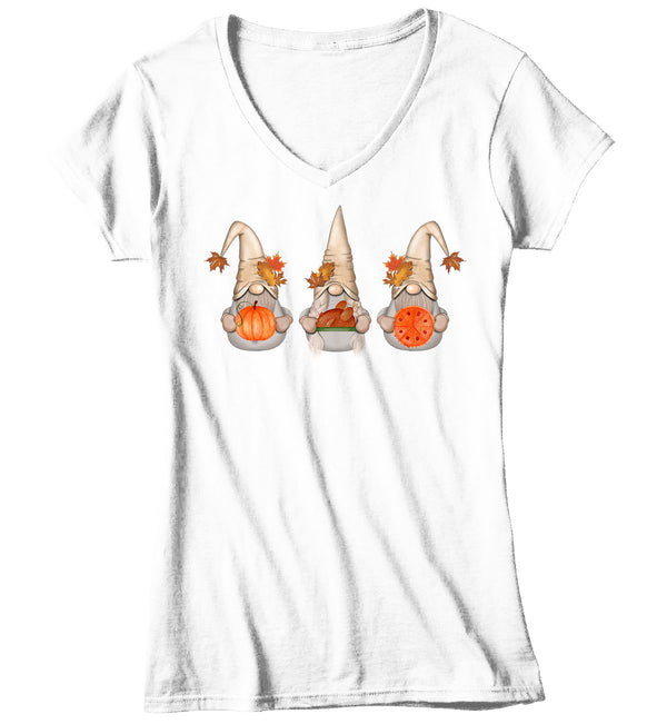 Women's V-Neck Thanksgiving Gnomes T Shirt Cute Gnome Shirt Fall Pumpkin Vintage Fall Tee Boho Cute Pie Tee Turkey Gnome Tshirt-Shirts By Sarah