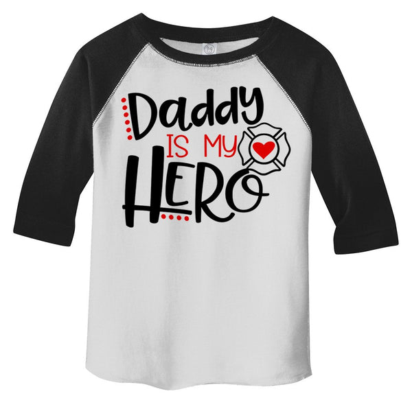 Shirts By Sarah Toddler Daddy Is Hero Fireman 3/4 Sleeve Raglan T-Shirt-Shirts By Sarah