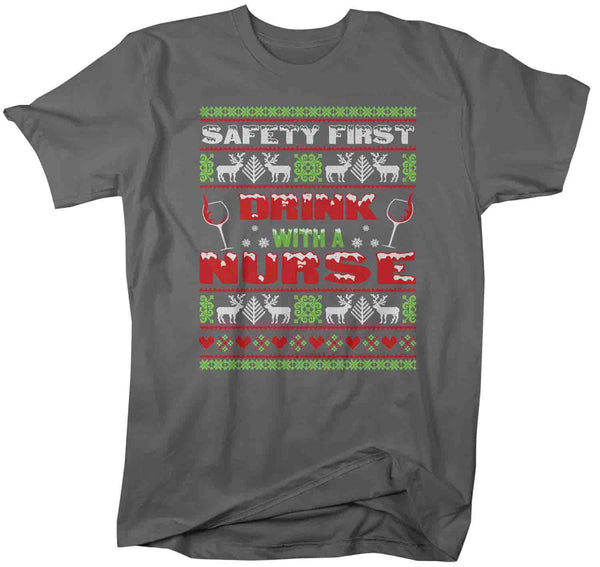 Men's Funny Nurse Christmas T Shirt Ugly Christmas Shirts Safety First Drink With Nurse Shirt Nurses Shirt-Shirts By Sarah