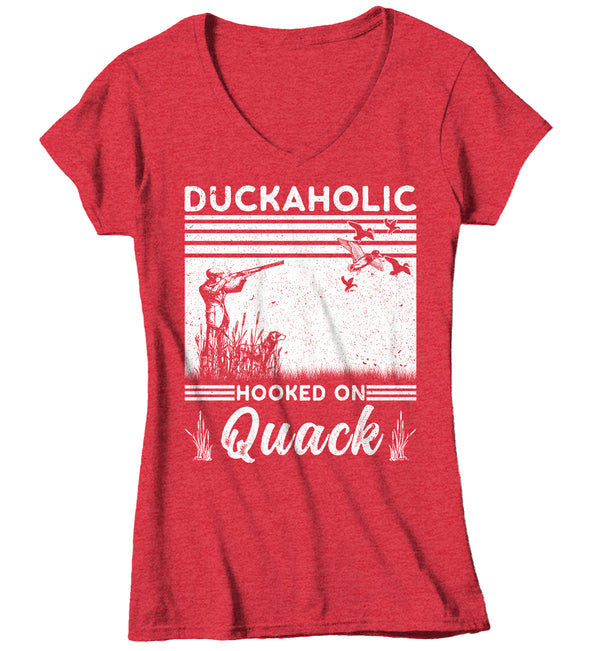 Women's V-Neck Funny Duck Hunting T Shirt Duckaholic Shirt Duck Hunter Shirt Hooked On Quack T Shirt Shirt Hunting Gift Ladies Woman-Shirts By Sarah