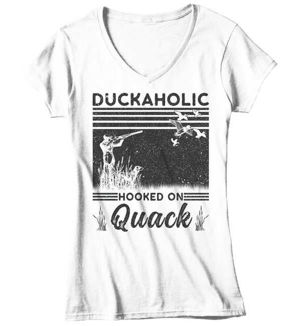 Women's V-Neck Funny Duck Hunting T Shirt Duckaholic Shirt Duck Hunter Shirt Hooked On Quack T Shirt Shirt Hunting Gift Ladies Woman-Shirts By Sarah