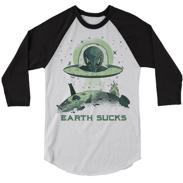 Men's Alien T-Shirt Earth Sucks Shirt Space 3/4 Sleeve Raglan Graphic Tee Aliens Celestial Shirts UFO Tshirt-Shirts By Sarah